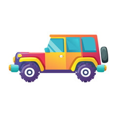 Colorful cartoon off-road vehicle parked in a vibrant setting during a sunny day. PNG image, transparent background