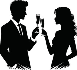 a couple clinking wine glasses silhouette vector design art and illustration