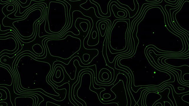 Minimalist green topographic contour lines animated over a black background, with subtle floating particles. for geography, exploration, science, or abstract digital visuals