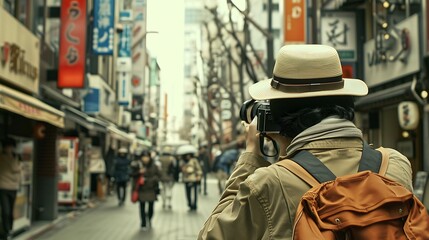 Fototapeta premium Back view of a tourist taking photographs in Tokyo, Japan with an old film camera and wearing a straw hat in urban setting.