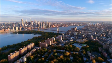 Naklejka premium Aerial View of New York City Skyline at Sunset with River and Parks