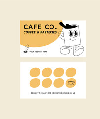 Design template of coffee shop loyalty card. Discount coupon for collection stamps. Loyalty card for cafeteria or cafe