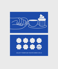 Design template of coffee shop loyalty card. Discount coupon for collection stamps. Loyalty card for cafeteria or cafe