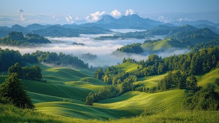 Fototapeta premium Rolling hills blanketed in morning mist, with distant mountains.