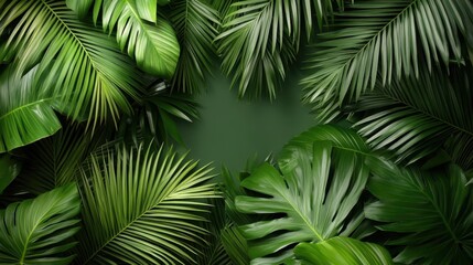 An artistic arrangement of lush tropical leaves showcasing vibrant greens and diverse textures, creating a natural frame that embodies freshness and tropical beauty.
