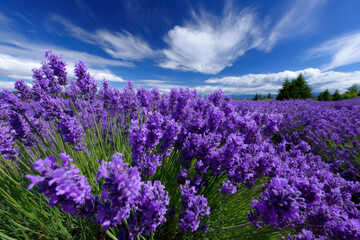 Obraz premium Beautiful lavender field in full bloom against a bright blue sky