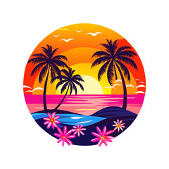 Tropical Sunset T-Shirt Design – Bold Palm Trees, Vibrant Ocean Waves, Colorful Flowers, Beach Summer Vibes Graphic Tee on White Background