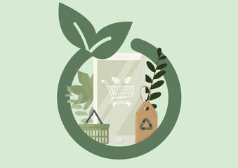 Eco friendly shopping concept with circular design featuring sustainable commerce elements. Green retail and environmental responsibility ideal for marketing campaigns. Flat style. Vector illustration
