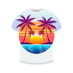 Tropical Sunset T-Shirt Design – Bold Palm Trees, Vibrant Ocean Waves, Colorful Flowers, Beach Summer Vibes Graphic Tee on White Background