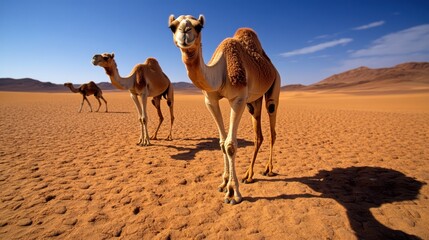 A serene image featuring three camels walking peacefully across an expansive desert landscape under a clear blue sky, capturing the essence of nature's beauty and tranquility.