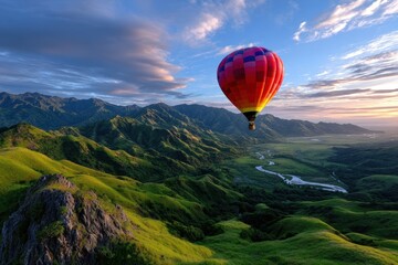 Hot air balloon glides over lush green mountains during sunset in serene landscape