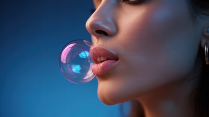 Close-up of young hispanic female blowing bubblegum against blue background