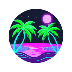 Tropical Sunset T-Shirt Design – Bold Palm Trees, Vibrant Ocean Waves, Colorful Flowers, Beach Summer Vibes Graphic Tee on White Background