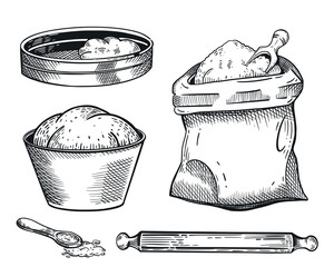 A set of vector illustrations, all for baking. A bag of flour, a sieve, a bowl with ready-made dough, a rolling pin, a spoon. The illustration is suitable for printing on fabric, paper, goods.