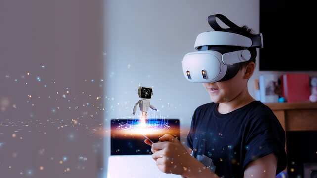 Kid wear AR glasses communication with AI Chatbot research digital data on internet for homework,Young boy wearing VR headset talking to chatbot icon on mobile phone,Technology Online Education - Powered by Adobe