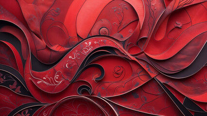 Elegant red abstract layers with floral swirls, rich texture, and graceful flow in paper-cut style.