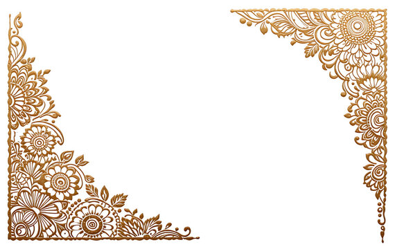  Traditional Indian-style gold mehndi corner patterns, isolated on white.

