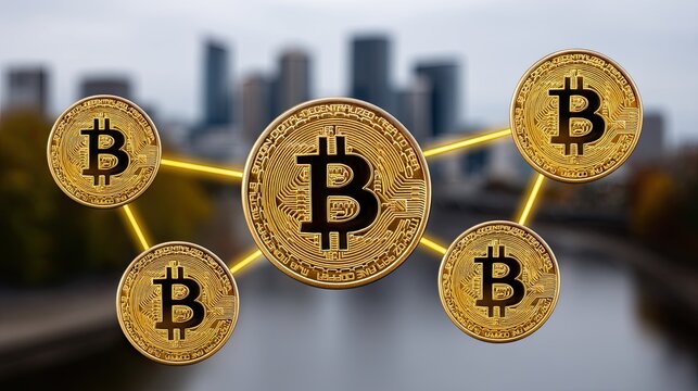 Bitcoin network connecting digital currency coins over cityscape background