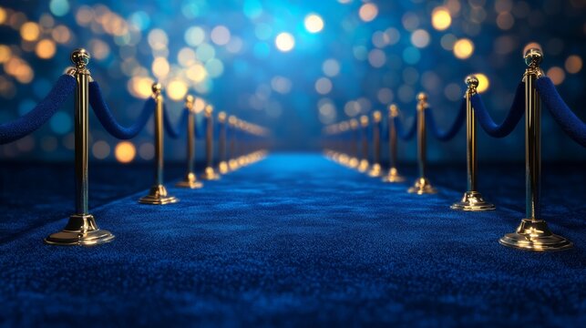 blue carpet with twinkling blurry lights for award, prize giving and recognition, inviting guests into an enchanting atmosphere perfect for celebrations and special events.