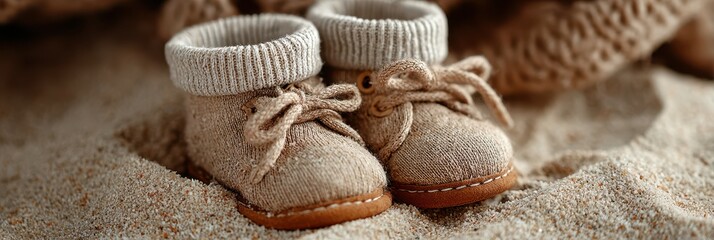 Knitted baby booties placed on soft sand in a cozy setting during a sunny day