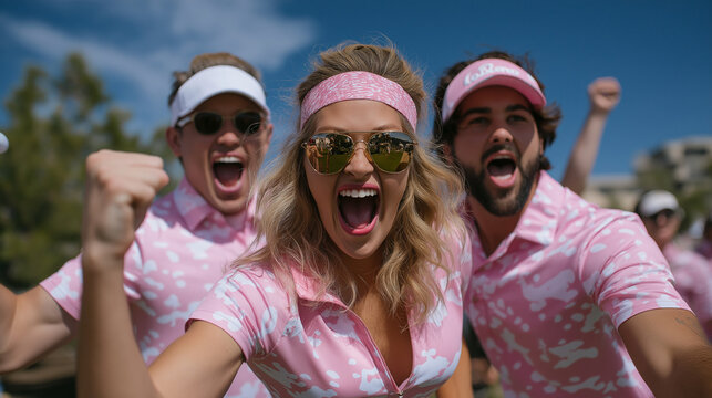 Friends in coordinated golf outfits cheering for a sinking long shot