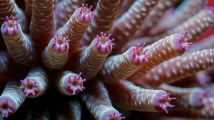 Close-up of vibrant coral polyps with pink tips