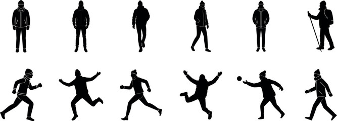 Vector art of silhouettes of people in winter clothing performing various activities isolated on white background