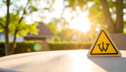 UV radiation warning icon on outdoor table in sunlight  