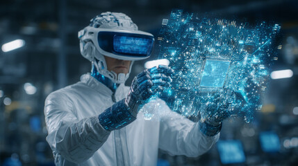 Engineer using augmented reality goggles to troubleshoot factory equipment