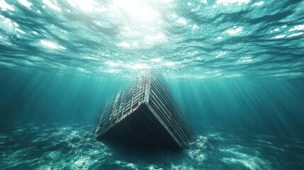 A partially submerged ship emphasizes the mystery and tranquility of underwater exploration, showcasing sun rays filtering through clear ocean waters to create a serene atmosphere.