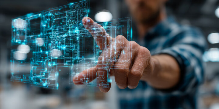 Engineer adjusting transparent blueprint overlays using floating controls