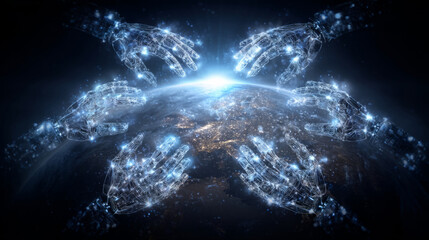 collaborative metaphor, multiple robotic hands connected in circular network representing distributed automation in global industries