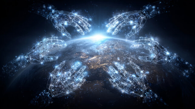 collaborative metaphor, multiple robotic hands connected in circular network representing distributed automation in global industries