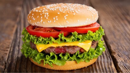 Delicious hamburger with cheese lettuce and tomato on a wooden table
