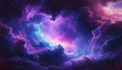 Fototapeta premium Vibrant cosmic nebula with glowing purple and blue clouds and scattered bright stars evoking a vast and mysterious outer space atmosphere
