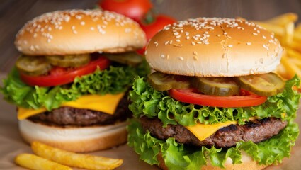 Two juicy hamburgers with fresh toppings and sesame seed buns