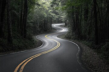 Obraz premium Winding wet road surrounded by dense green forest under overcast sky creating a moody and mysterious atmosphere