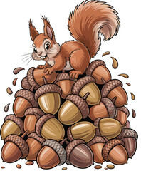 Adorable Cartoon Squirrel with Acorn Hoard, Autumn Harvest Illustration, Nature's Collector ©  Creative vectors