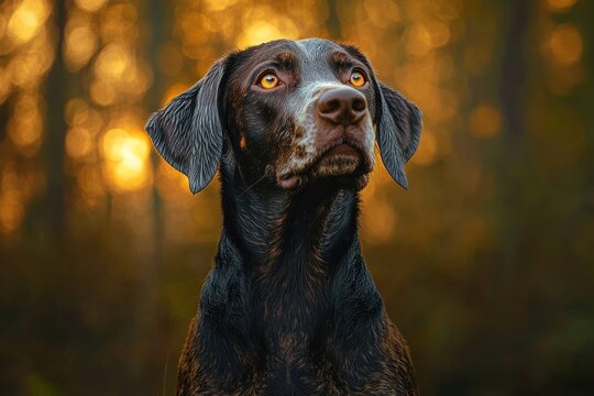 close-up of a black and brown dog looking upwards with alert expression against a blurred orange forest background