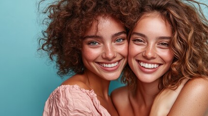A pair of smiling women pose closely together with exuberance, reflecting their joyful friendship against a vibrant blue backdrop, portraying connection and affection.