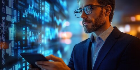 Focused man in a suit analyzing digital financial data on a transparent screen while holding a tablet in a modern office environment
