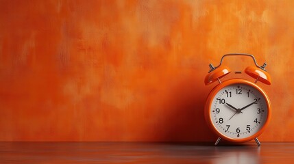 A striking orange alarm clock stands against a warm-toned textured wall, symbolizing the passing of time and the importance of punctuality in a dynamic world.