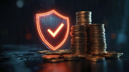 Stacks of golden coins beside a glowing shield with a checkmark symbolizing financial security and protection on a dark rainy surface