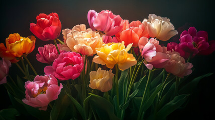 Stock photography of a high-resolution wallpaper design with peonies and tulips bursting in color, placed over a classic dark floral background