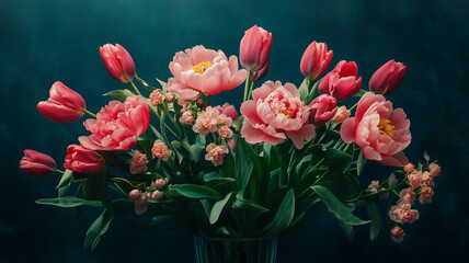 Stock photography of a high-resolution wallpaper design with peonies and tulips bursting in color, placed over a classic dark floral background