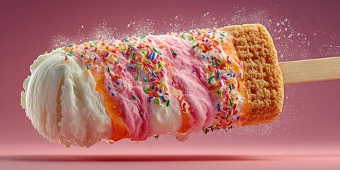 Delicious ice cream treat with colorful sprinkles on a wooden stick captured in bright, playful setting