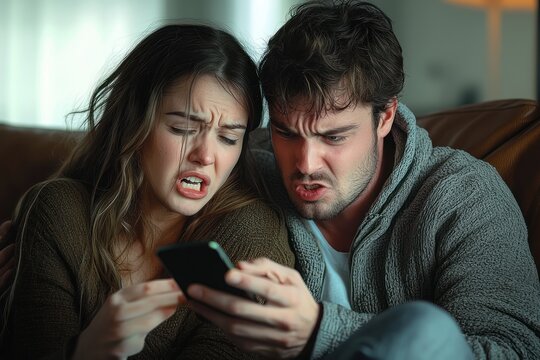 young couple sitting closely on couch angrily reacting to something on a smartphone, both showing intense frustration and confusion