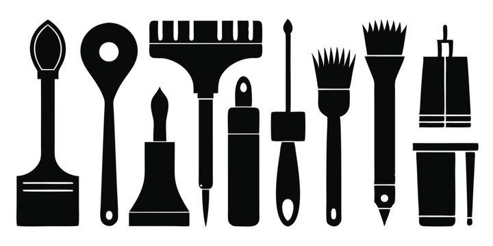 A collection of various painting related instruments and tools are depicted in black silhouette