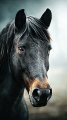 Fototapeta premium Majestic black horse with expressive eyes standing calmly in a serene landscape at dawn
