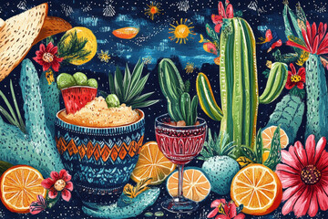 Mexican Fiesta: Vibrant Cactus Art. A vibrant illustration showcasing Mexican culture with cacti, oranges, and a rich, colorful palette against a dark, starry sky.